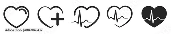 Fototapeta Heart icons in linear design for medicine, healthcare, love passion, and romantic concepts. Heartbeat flat icon for medical apps and sites. Cardiogram heart logo in linear style. Vector illustration