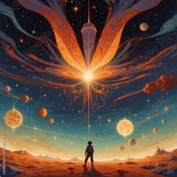 Obraz Surreal Cosmic Landscape with Astronaut and Celestial Butterfly – Sci-Fi Fantasy Art