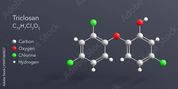 Fototapeta triclosan molecule 3d rendering, flat molecular structure with chemical formula and atoms color coding