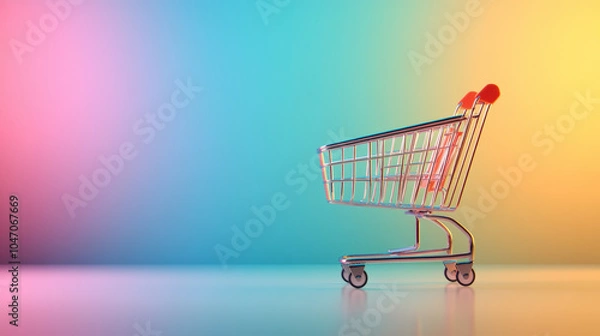 Obraz A small, empty shopping cart against a vibrant, multicolored background, highlighting themes of retail and consumerism in a visually striking way.