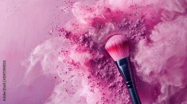 Obraz A vibrant pink makeup brush surrounded by a cloud of pink powder, creating a visually appealing beauty-themed composition.