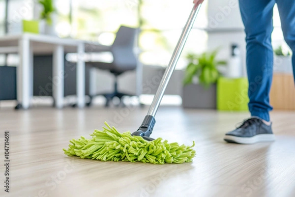 Obraz 
A man mopping the floor in an office, wide angle, daytime, 