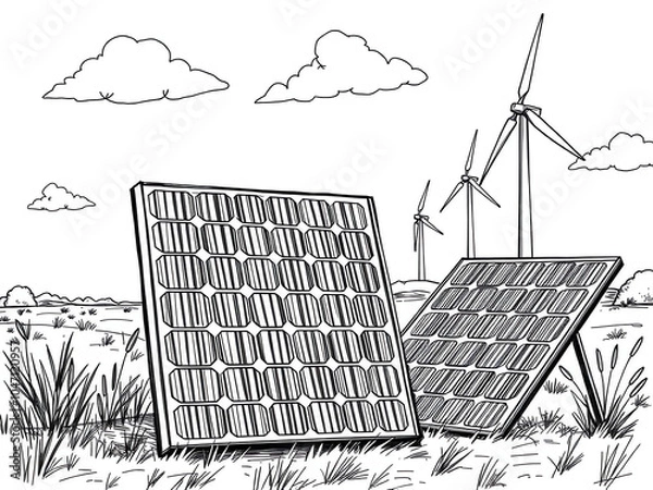Fototapeta Solar panels and wind turbines generating clean energy in a rural landscape under a cloudy sky