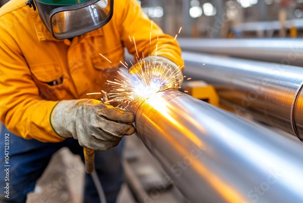Obraz 
A worker is welding steel pipes in the factory, creating sparks and light.