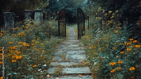 Fototapeta Stone Path Leading Through a Forest with Rusty Gates