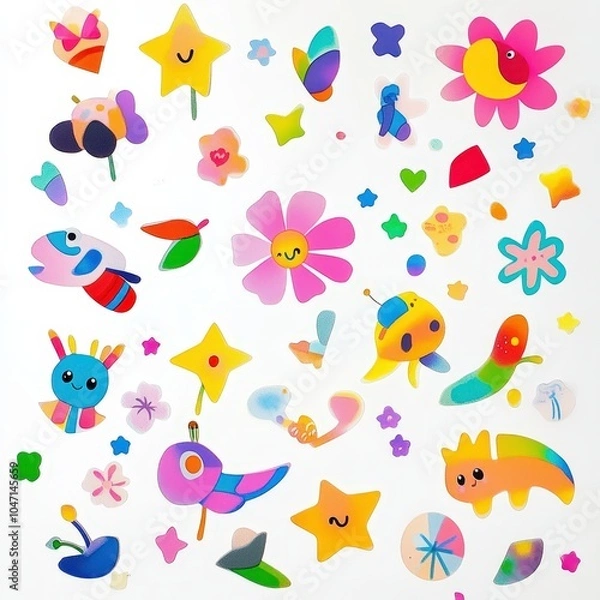 Fototapeta Colorful cartoon characters and shapes on a white background