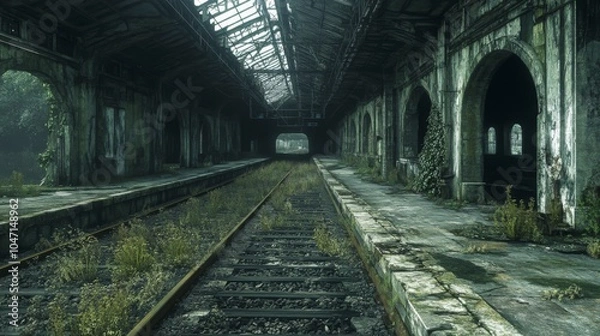 Fototapeta Overgrown Train Station Platform with Tracks and Arches