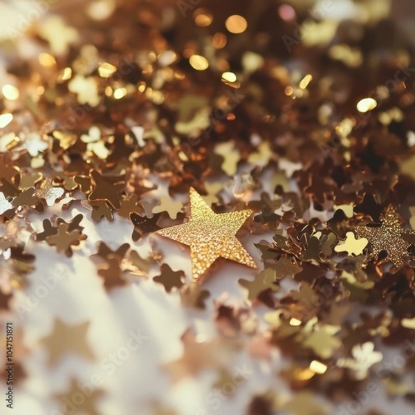 Fototapeta Sparkling golden stars and snowflakes on a festive background