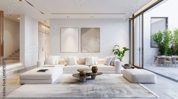 Fototapeta A modern and spacious living room design featuring a white canvas backdrop, Thoughtfully arranged minimal furniture, Minimalist Urban style