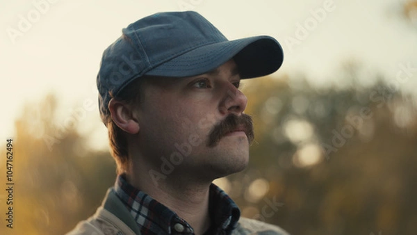 Obraz A Smiling young fly fisherman on a foggy river at sunrise