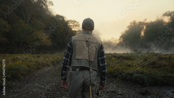 Obraz Young fly fisherman walking to a river at dawn