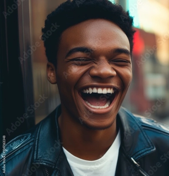 Fototapeta Joyful young man laughing with a big smile