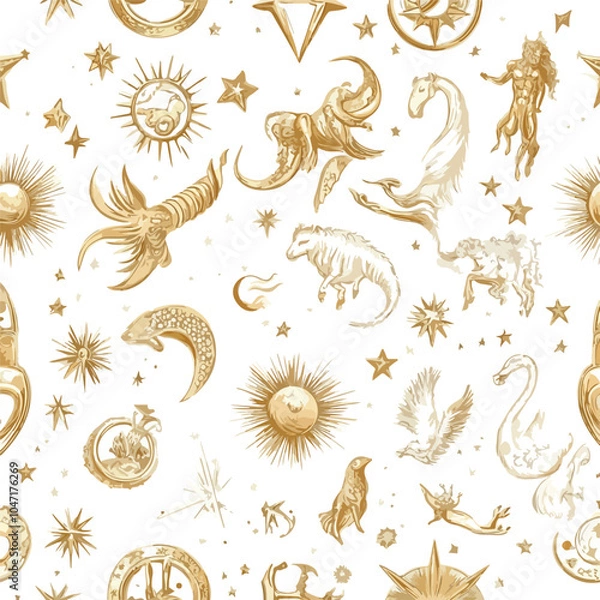 Fototapeta Luxurious Seamless Zodiac Golden Pattern with Stars