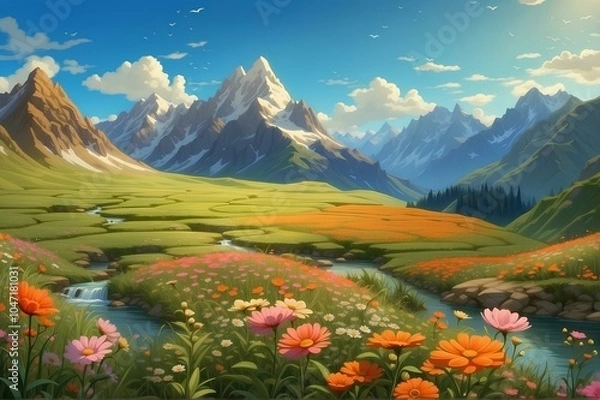 Obraz Vibrant Alpine Meadow with Colorful Wildflowers and Tranquil Stream Under Clear Blue Sky