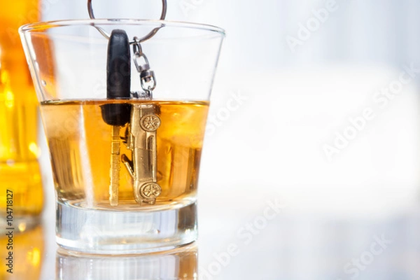 Fototapeta car keys and alcohol /Car keys put into a glass with alcohol / if you drink alcohol don't drive