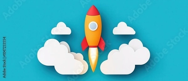 Fototapeta Colorful rocket launch artwork against a vibrant blue background with clouds.