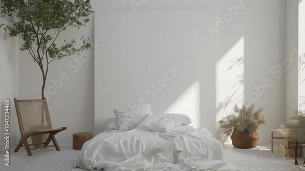Fototapeta A romantic minimalist bedroom adorned with a white canvas backdrop, Elegant furniture arrangement in a softly lit room, Romantic minimalism style