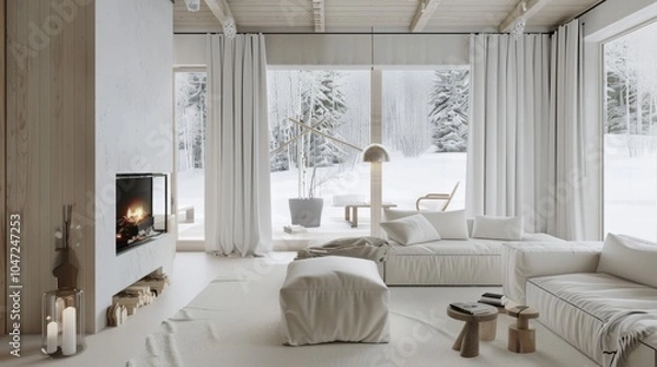 Fototapeta A Scandinavian-inspired minimalist retreat adorned with a white canvas backdrop, Cozy furniture arrangement in a Nordic cabin, Scandinavian minimalism style