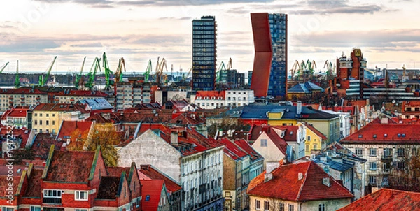 Fototapeta Aerial view of the Old town district. Klaipeda city in the evening time. Klaipeda, Lithuania.