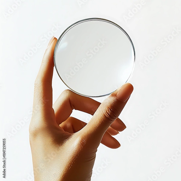 Obraz Hand holding a circular mirror against a light background
