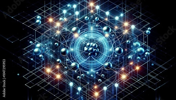 Fototapeta Abstract Quantum Computing Visualization with Entangled Qubits in a Grid Matrix, Glowing Neon Orbs, and Multidimensional Patterns Reflecting Advanced Computational Power