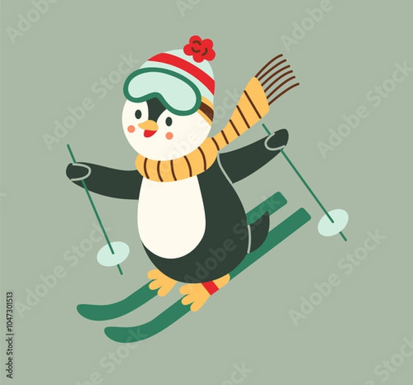 Fototapeta Cute penguin skiing in a winter outfit with scarf, hat, and goggles. Fun and playful Christmas illustration perfect for holiday cards, decorations, and seasonal designs. Flat style, cheerful, vibrant.