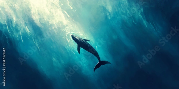 Obraz A powerful and emotional image showing a majestic whale swimming peacefully in the ocean, surrounded by a serene blue background.