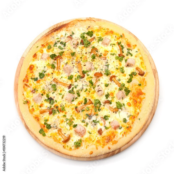 Fototapeta Pizza with chicken and mushrooms. Top view