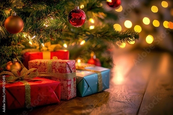 Fototapeta Colorful Christmas presents stacked under a beautifully decorated Christmas tree, twinkling lights and ornaments in the background.