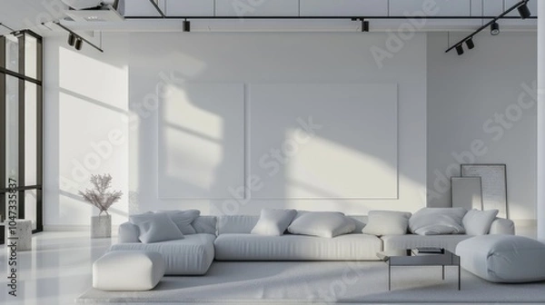 Fototapeta A sophisticated and artistic lounge area with a white canvas backdrop, Boldly arranged minimalist furnishings, Artistic minimalism style