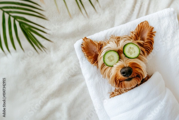 Fototapeta Yorke terrier dog relaxing with cucumber slices in a spa. Funny grooming wallpaper with copy space. Advertisement for sales and promotions