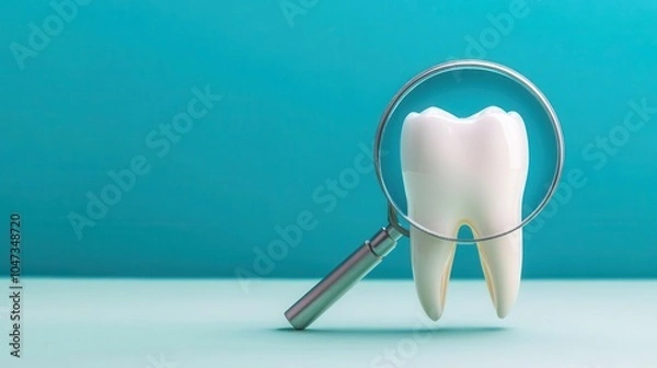 Fototapeta Conceptual image of a tooth under a magnifying glass, showing the smooth, protected enamel surface, enamel care, tooth protection