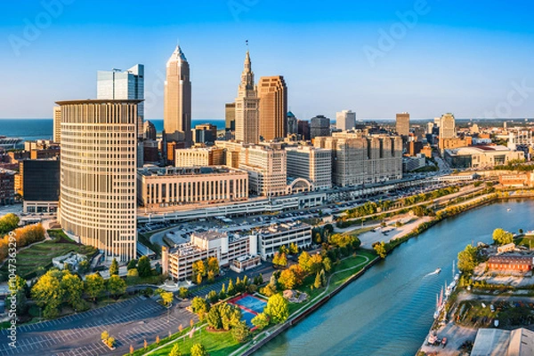 Obraz Aerial view of Cleveland, Ohio skyline at sunset. Cleveland is a major city in the U.S. state of Ohio and the county seat of Cuyahoga County.