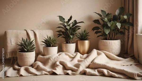 Fototapeta Potted houseplants against a cozy beige knitted blanket. AI generated