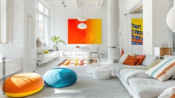 Fototapeta A vibrant living room design featuring a white canvas backdrop, Accented with minimalist furniture arrangements, Vibrant minimalist style