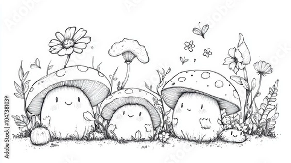Fototapeta Whimsical gathering of cheerful mushrooms and flowers in a magical forest setting during a sunny spring day, coloring page