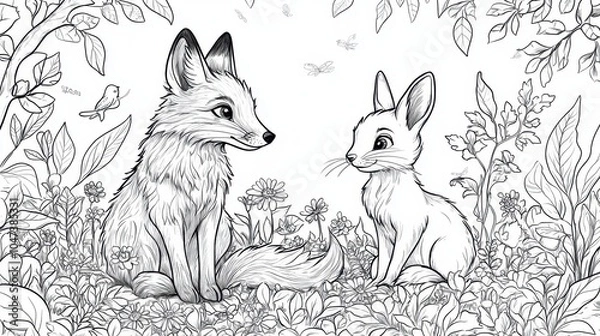 Fototapeta A charming encounter between a fox and a rabbit amidst a vibrant garden filled with blossoms and greenery during a bright spring day