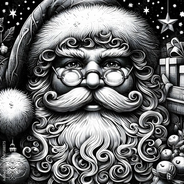 Fototapeta Black and white illustration of a face of a  Santa Claus.  Black and white raster image.