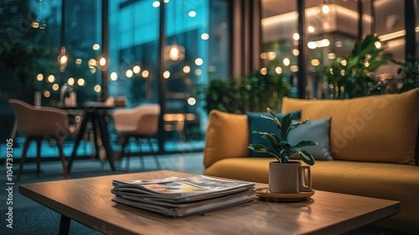 Fototapeta Cozy Office Lounge with Soft Textiles and Warm Lighting