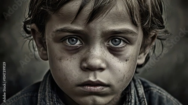 Obraz Close up portrait of a young boy with sad, worried expression. Depicting poverty, hunger, abuse and child exploitation.