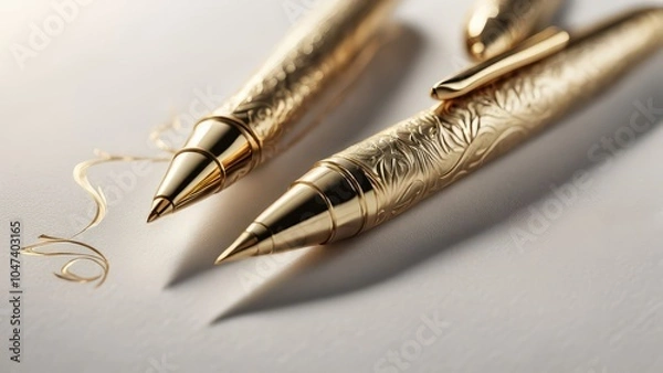 Obraz Luxury gold pens with ornate details on a white background, showcasing elegance and craftsmanship