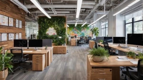 Obraz Modern office interior design with green plants, wooden desks and natural light. Concept of productivity, collaboration, and a healthy work environment