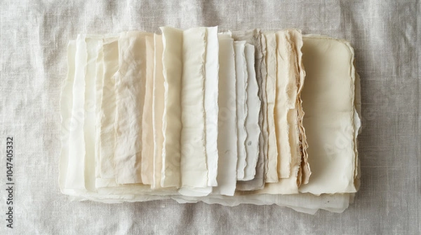Fototapeta Layered deckle-edged papers in varying sizes fanned out on a light linen surface, highlighting unique irregular edges and soft shadows, creating an organic, refined look in soft whites, creams