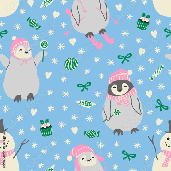 Fototapeta Cute penguins in winter hats, snowman, sweet food, snowflakes seamless pattern. Fun Christmas  repeat pattern for paper, textile design.