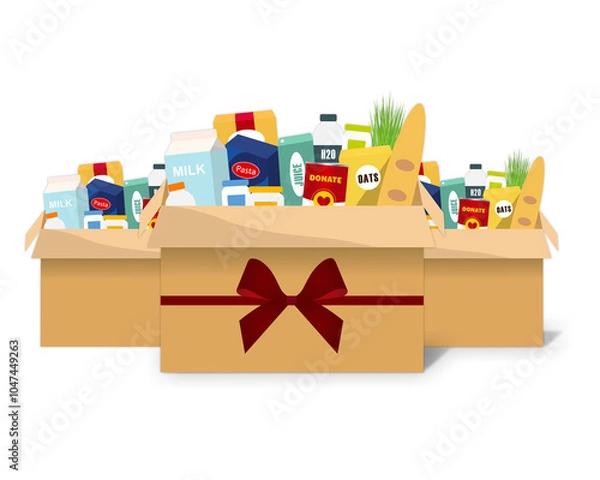 Fototapeta Food Donation Cardboard Boxes With Red Bow Illustration Transparent PNG Vector Clipart 