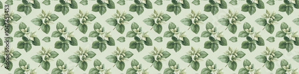Fototapeta Seamless floral pattern with green leaves and buds on light background