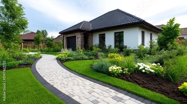 Fototapeta Sustainable landscape design being implemented around a new housing development, showcasing the integration of nature and eco-friendly urban planning