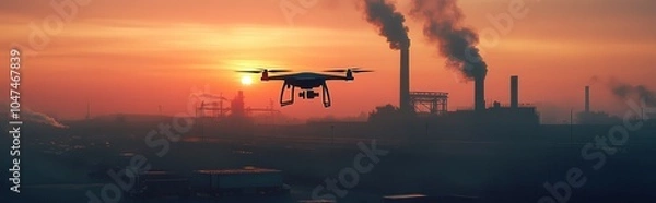 Fototapeta Drone industry advancements at sunset showcase technology evolution, futuristic solutions, and a theme of advanced tech.
