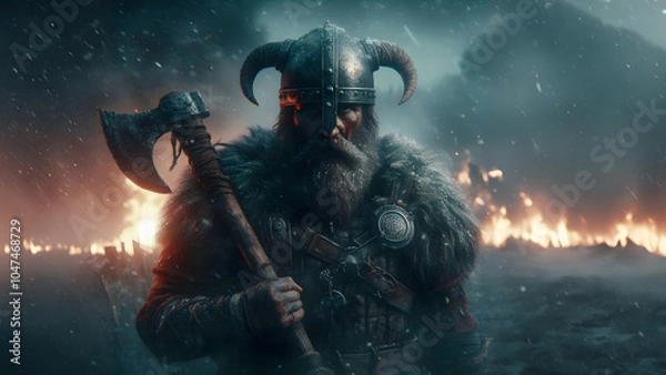 Fototapeta viking at war with axe and horned helmet