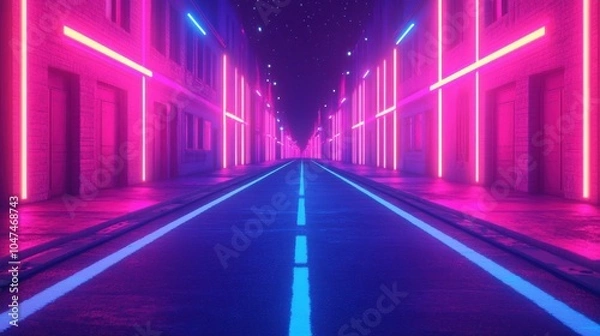 Fototapeta Neon Cityscape at Night in Synthwave Style